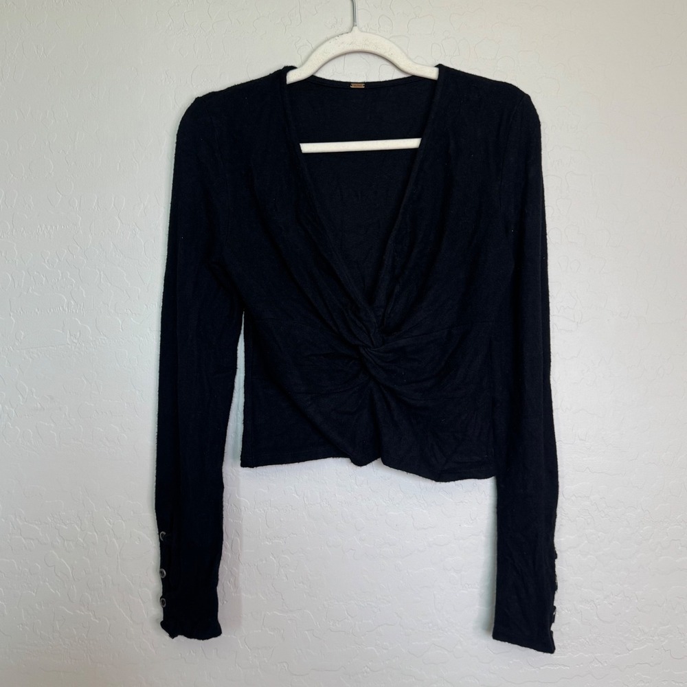 Free People Womens Rayon Top S Black Twist Front V-Neck Long Sleeve Balletcore